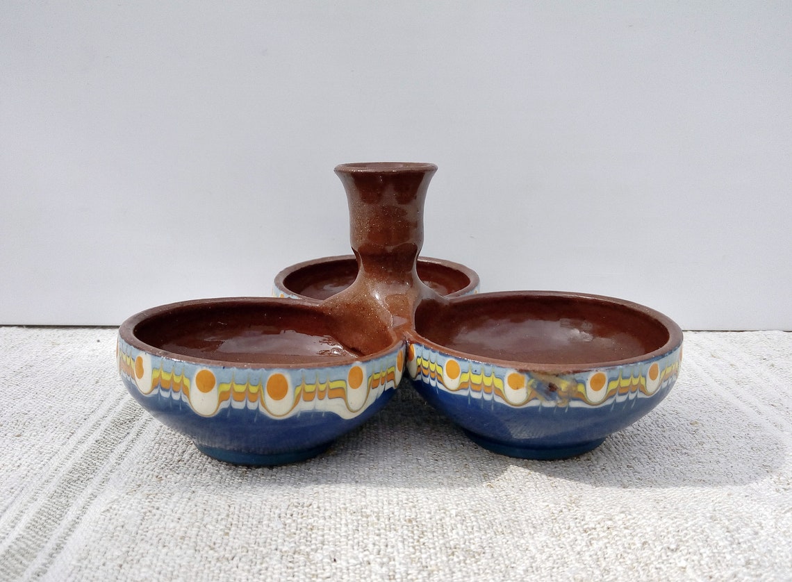 Vintage Triple Condiment Dish Hand Painted Clay Dish Etsy