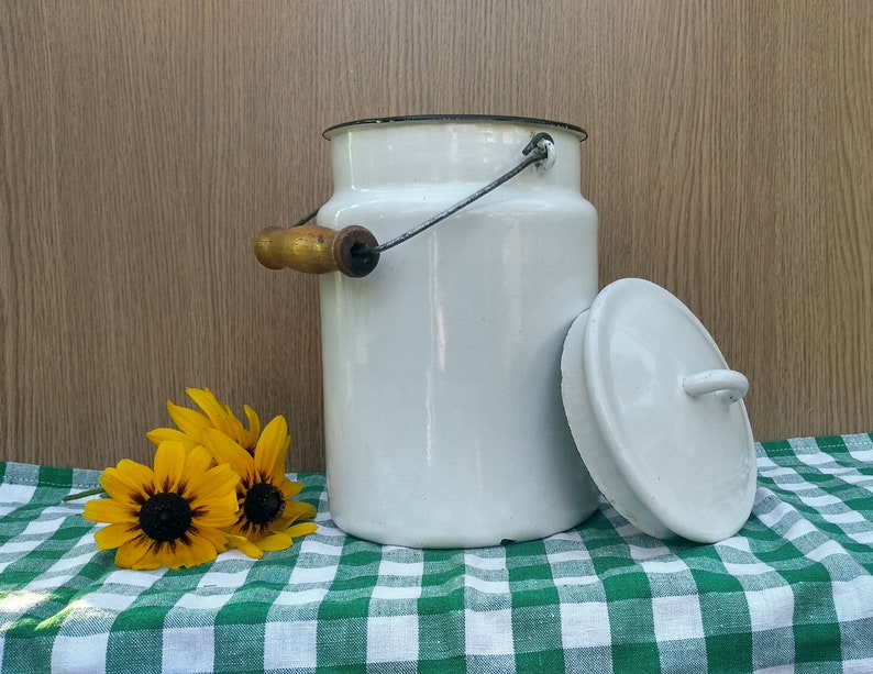 Vintage Old White Enamel Pot With Lid and Wood Handle Etsy