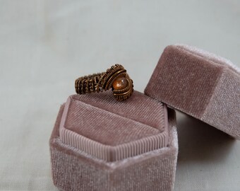 Wire Wrapped Antiqued Brass Sunstone Ring