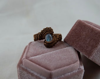 Wire Wrapped Antiqued Brass Rainbow Moonstone Ring