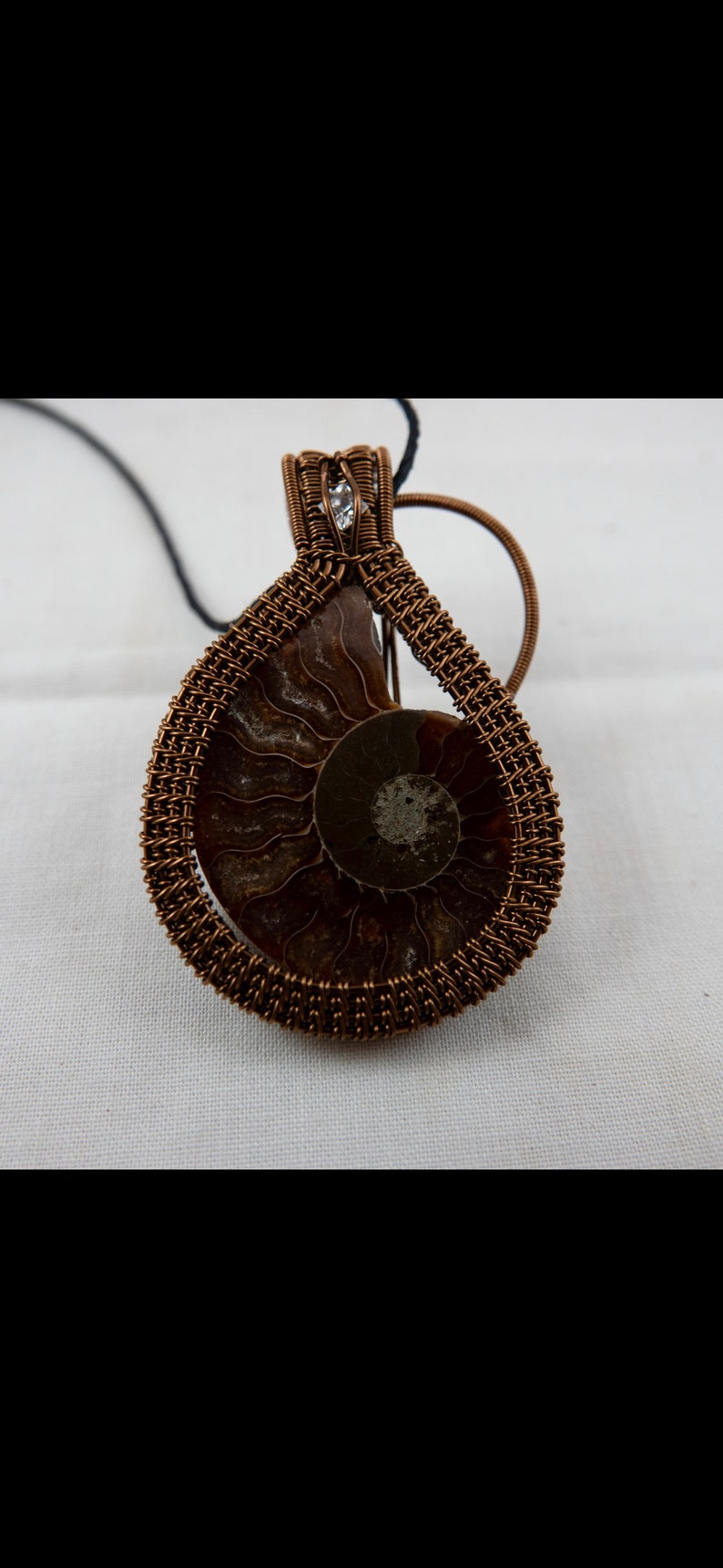 Wire Wrapped Antiqued Brass Twin Ammonite and White Topaz Pendant 1 image 1