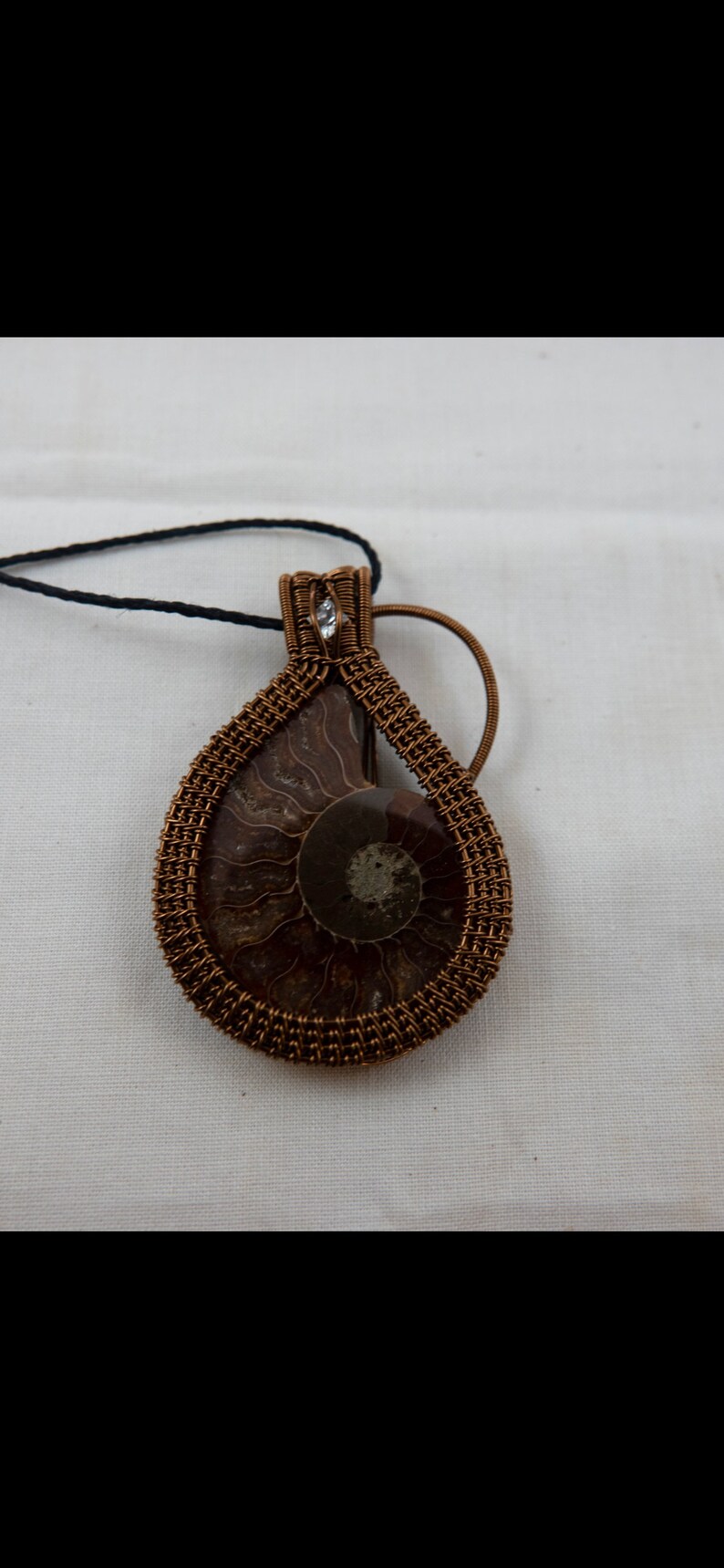 Wire Wrapped Antiqued Brass Twin Ammonite and White Topaz Pendant 1 image 2