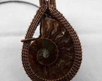 Wire Wrapped Antiqued Brass Twin Ammonite and White Topaz Pendant 2