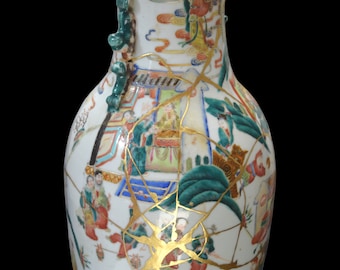 Grand vase chinois ancien réparé à l'or pur KINTSUGI