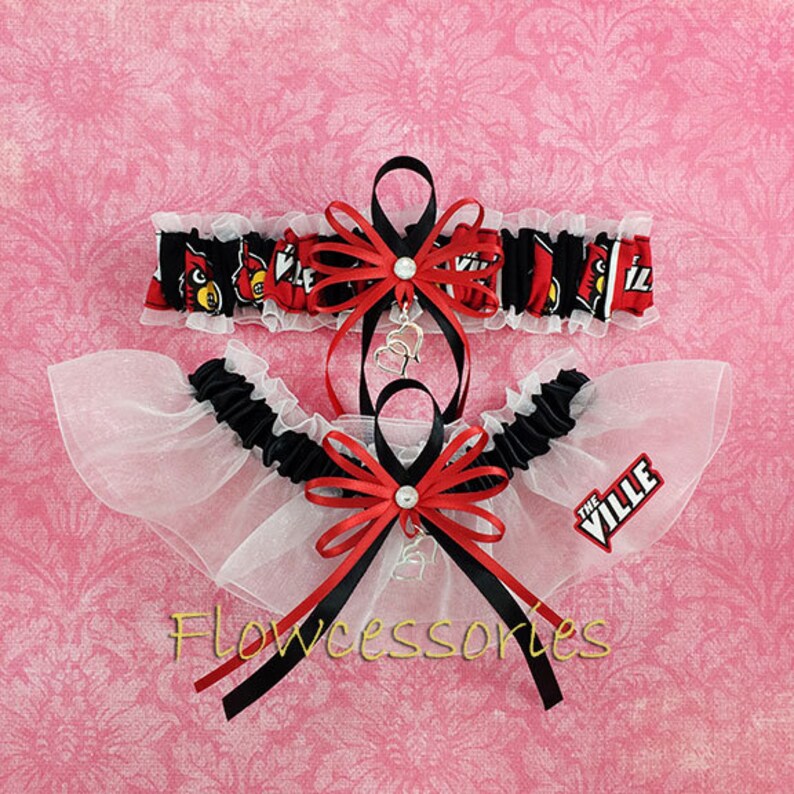personalize now available upon request Pick Charm UofL handmade bridal keepsake garter set Lousiville Cardinals U of Louisville