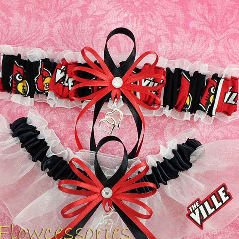 personalize now available upon request Pick Charm UofL handmade bridal keepsake garter set Lousiville Cardinals U of Louisville
