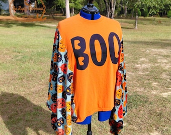 Upcycled Halloween T Shirt Poncho: Jack-o'-Lantern Fleece Sleeves, XL Unisex