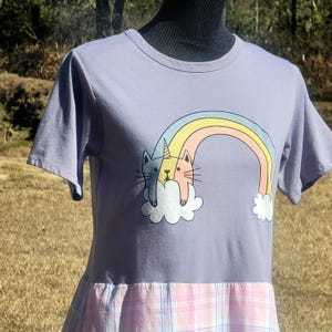 Upcycled Graphic Tee Shirt Dress, Unicorn Cat Rainbow, Mid length T shirt Dress, Festival Dress, OOAK, Altered Clothing, Thrifted Rework