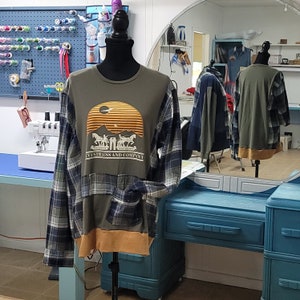 Upcycled Graphic Tee with Plaid Flannel, OOAK Top, Repurposed Clothing, Wearable Art, Boho Altered Clothing, Upcycled Eco-conscious top