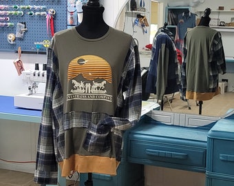 Upcycled Graphic Tee with Plaid Flannel, OOAK Top, Repurposed Clothing, Wearable Art, Boho Altered Clothing, Upcycled Eco-conscious top