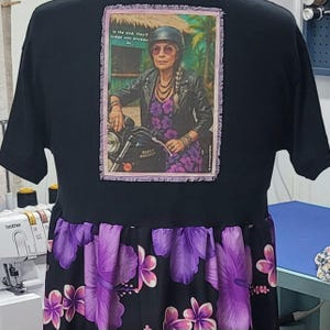 Upcycled Tee Shirt Dress, Reworked Thrift, Graphic Tshirt Dress, Fun Dress with Attitude, Altered Deconstructed Clothing, Biker Grandma