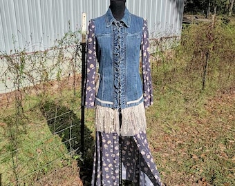 Upcycled Boho Denim Duster, XS Boho Clothes, Reworked Thrifted Clothing, Haute Hippy, Altered Denim, Festival Style, OOAK Denim Duster