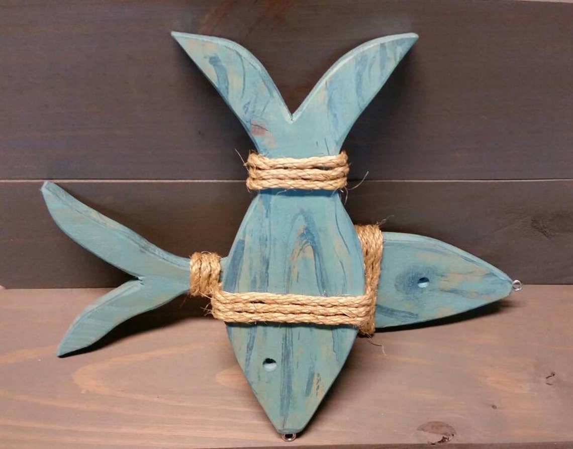 Hanging Wood Fish Blue Fish Art Fisherman Gift String of Etsy
