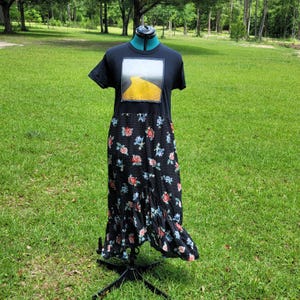 Upcycled  Yellow Brick Road TShirt Dress, Reworked Thrift, Applique Tshirt Dress, Festival Dress, OOAK Rework, Altered Clothing