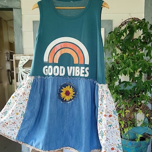 Upcycled Tshirt Dress, Reworked Boho Dress, Festival Dress, Upcycled Rainbow Good Vibes Patchwork Dress, Reworked Thrifted Clothing