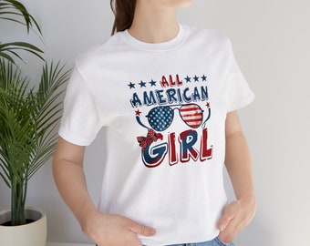 All American Girl 4th of July Patriotic Women's Shirt - Red, White, and Blue Independence Day Holiday Tee