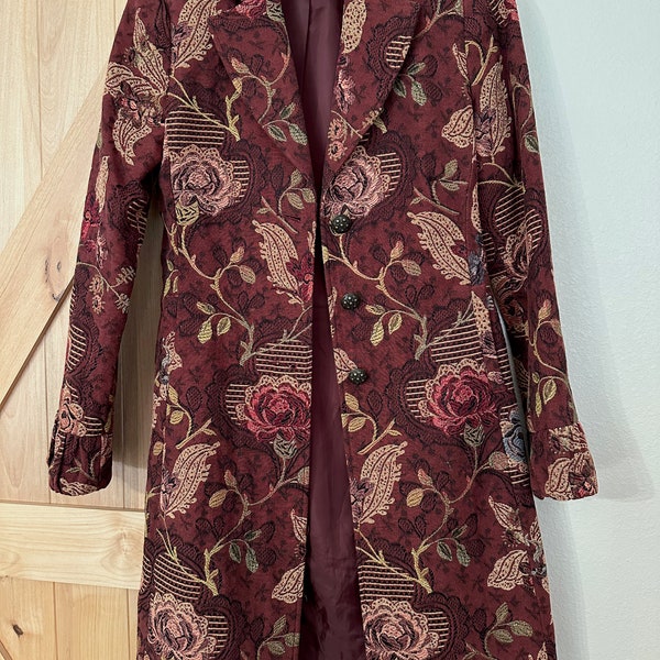 Vintage CAbi #749 Burgundy Jacobean Floral Tapestry Coat, Size 2