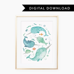 Watercolored Narwhals printable