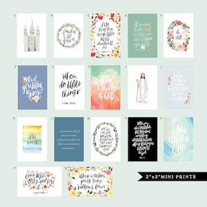 May include: A set of 16 printable 2x3 inch mini prints with inspirational quotes and images. The prints feature watercolor illustrations with floral wreaths, a temple, a child of God, and Jesus. The prints are perfect for adding a touch of faith and inspiration to your home decor.