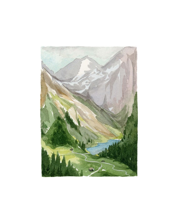 Watercolor Painting of a Beautiful Deep Green Mountain Valley With a Pretty  Blue Lake 