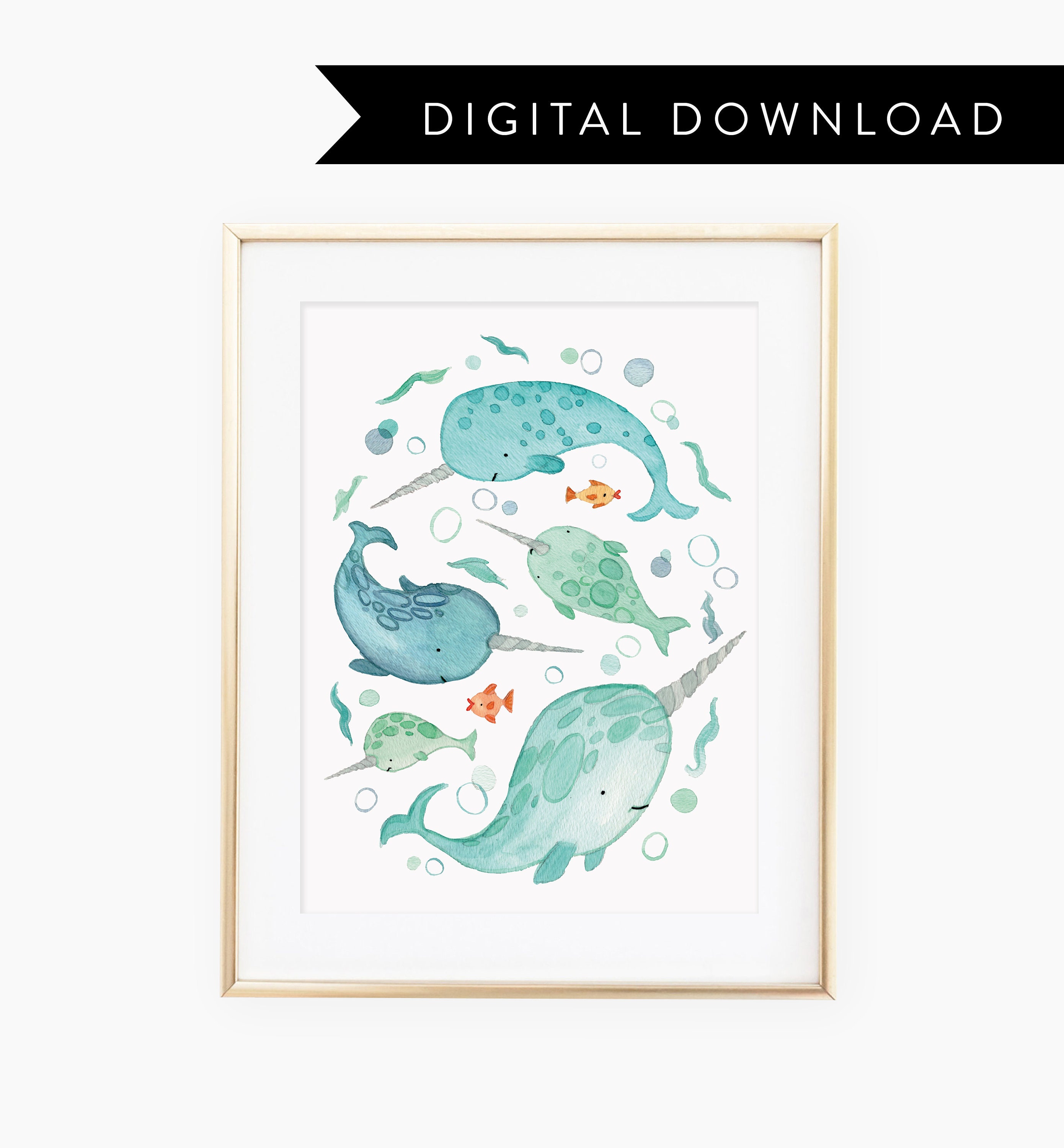 Watercolored Narwhals printable