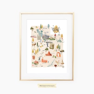 NEW Updated Watercolor painted illustrated Map of Utah