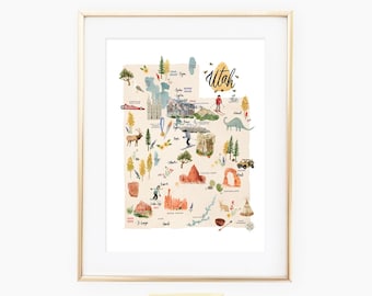 NEW Updated Watercolor painted illustrated Map of Utah