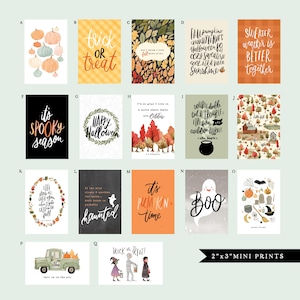 May include: A collection of 2x3 inch mini prints with Halloween and autumn themes. The prints feature pumpkins, fall foliage, and spooky phrases like "Trick or Treat" and "It's Pumpkin Time."