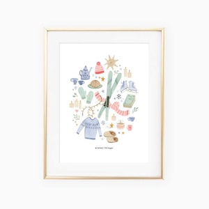 May include: A watercolor illustration of winter-themed items, including a blue sweater, skis, ice skates, mittens, a teapot, a hat, and candles. The illustration is surrounded by a circle of small details, such as snowflakes, stars, and hearts. The text "winter things" is written at the bottom of the illustration.