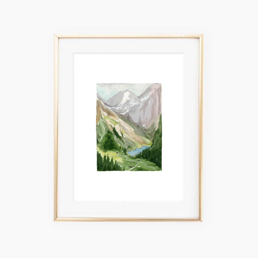 Watercolor Painting of a Beautiful Deep Green Mountain Valley With a ...