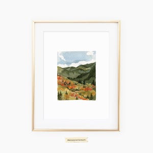 Watercolor mountain filled colorful fall leaves landscape painting