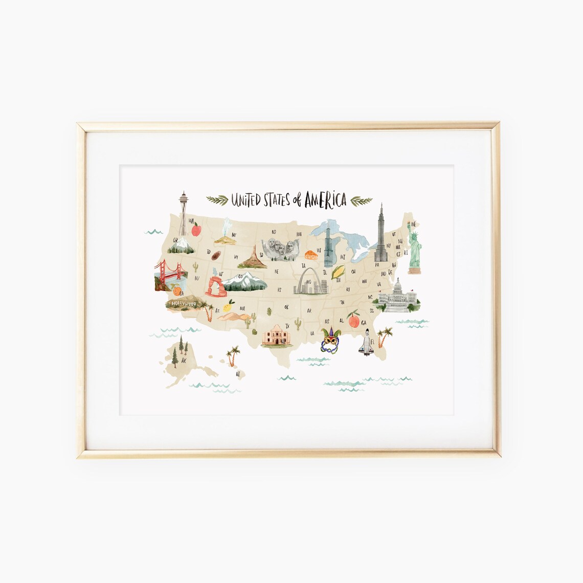 Hand Painted & Illustrated Map of the United States of America - Etsy