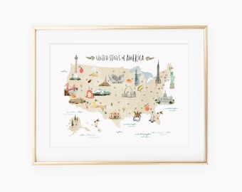 Hand Painted & Illustrated Map of the United States of America