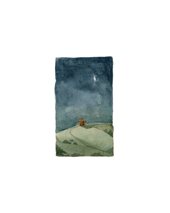 Christmas Nativity Night Silent Night Watercolor landscape