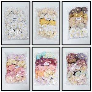 May include: Assortment of 10 packs of paper flowers in various colors, including white, pink, light blue, yellow, and brown. Each pack contains approximately 25 flowers. The flowers are made of paper and have a delicate, layered design. The packs are labeled with the product code and name.