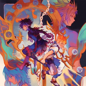 May include: Digital art print featuring characters from a video game. The artwork showcases two figures in dynamic poses, set against a backdrop of gears and chains. The color palette includes blues, oranges, and purples, creating a vibrant and energetic composition.