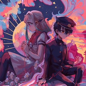 Puede incluir: Impresión de arte digital que presenta a dos personajes de estilo anime, una chica con un atuendo rojo y blanco y un chico con uniforme negro, sentados de espaldas. El fondo es una vibrante mezcla de tonos rosas, azules y naranjas, con una gran luna y estrellas.