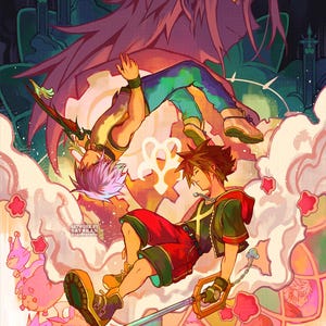 May include: Digital artwork featuring two characters from the Kingdom Hearts video game series. One character is wearing red shorts and a black and green top, holding a keyblade. The other character is wearing blue pants and a yellow top. A large, purple figure looms above them.