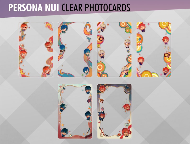 Puede incluir: Conjunto de seis fototarjetas transparentes con personajes de dibujos animados coloridos con diferentes dise&ntilde;os. Los personajes est&aacute;n rodeados de una variedad de formas y patrones coloridos.