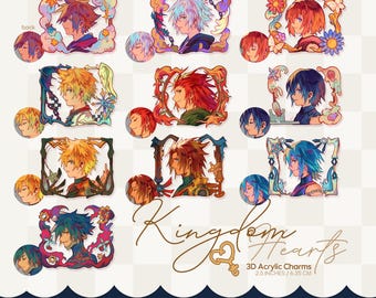 May include: Collection of 3D acrylic charms featuring various characters from Kingdom Hearts. Each charm showcases a character portrait within a decorative frame, with a matching smaller image on the back. Charms are 2.5 inches / 6.35 cm.