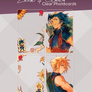 May include: Clear photocard set featuring illustrations of Zack and Cloud. The cards have a white border and include character art, floral accents, and small character chibi figures. The text "Zack & Cloud Clear Photocards" is at the top.