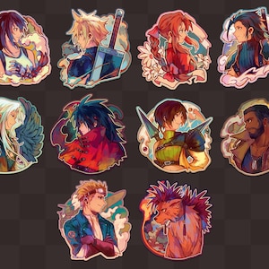 May include: A collection of colorful, stylized character stickers. Each sticker features a different character with unique hairstyles, clothing, and accessories. The stickers are set against a background of swirling colors and shapes, creating a dynamic and eye-catching design.