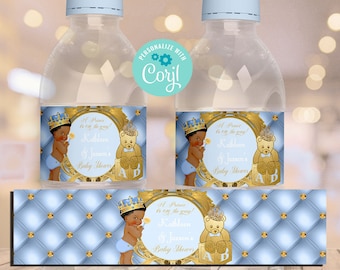 EDITABLE | Light Blue and Gold Royal Baby Shower Water Bottle Label | A Prince is on the Way | Royal Blue Baby Shower Theme | LB89