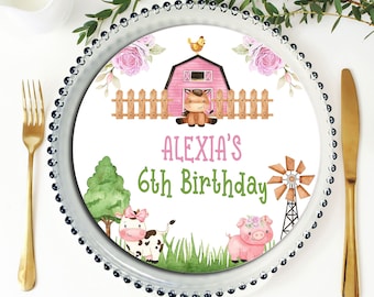EDITABLE Pink Farm Charger Plate Insert  | Cow Girl Party | Farm Animal | Theme | 1st Birthday | Template | PF98