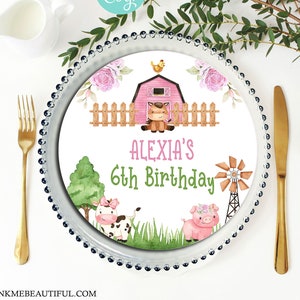 BEWERKBARE Roze Farm Charger Plate Insert | Cow Girl Party | Boerderijdier | Thema | 1e verjaardag | Sjabloon | Pf98