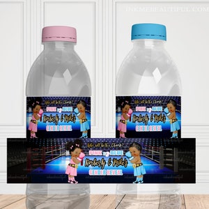 May include: Water bottle labels with a boxing theme. The labels feature a blue and pink boxing ring with two cartoon babies wearing boxing gloves. The text on the labels reads "Who will be the Champ? Pink or Blue?  "  "Mommy & Daddy's Gender Reveal".