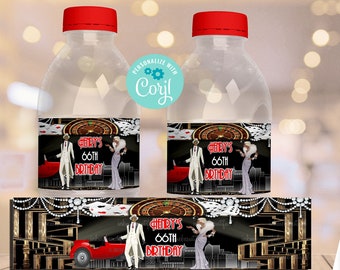 May include: Printable water bottle labels with a black and gold art deco design. The labels feature a red car, a man in a white suit, and a woman in a black dress. The text on the labels reads "Henry's 66th Birthday".