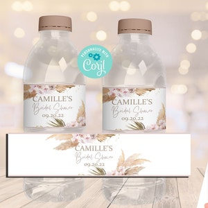 Editable Pampas Water Bottle Label | Bohemian  | Bridal Shower Invitation | Boho Brunch | Tropical | Brunch and Bubbly |