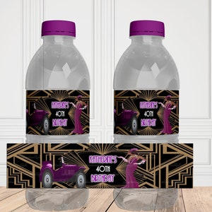 EDITABLE Purple Gatsby Water Bottle Label | Thank You Tags | Gatsby Themed| Flapper | Roaring 20s | Casino| Harlem | Purple and Gold | PH01