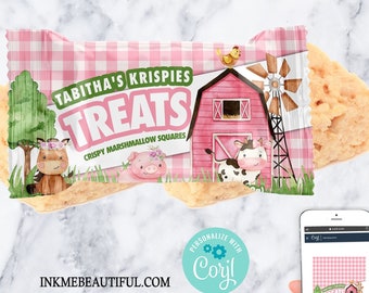 Puede incluir: Descarga digital imprimible para una bolsa de golosinas con estampado de vichy rosa y blanco con una ilustración de acuarela de un granero rojo, un molino de viento, una vaca y un cerdo. El texto en la bolsa dice "Tabitha's Krispies Treats, Crispy Marshmallow Squares".